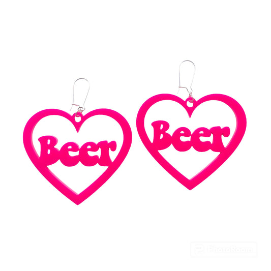 Pink Retro Heart Beer Earrings