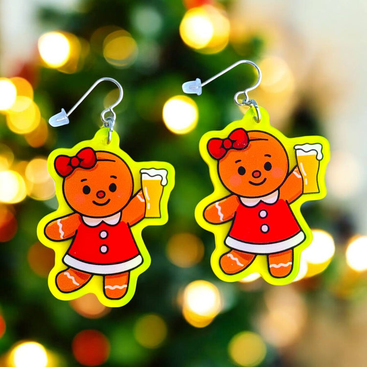 Gingerbeer Boy Holiday Earrings - Green/Yellow Border