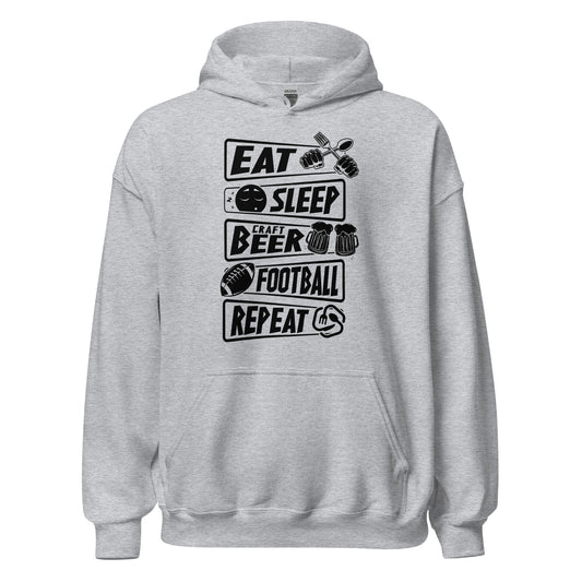 Eat, Sleep, Craft Beer, Football, Repeat - Black Ink - Unisex Hoodie